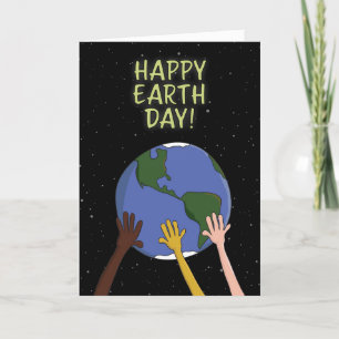 Lycklig Earth Day Händer Holding Planet i rymden Helgkort