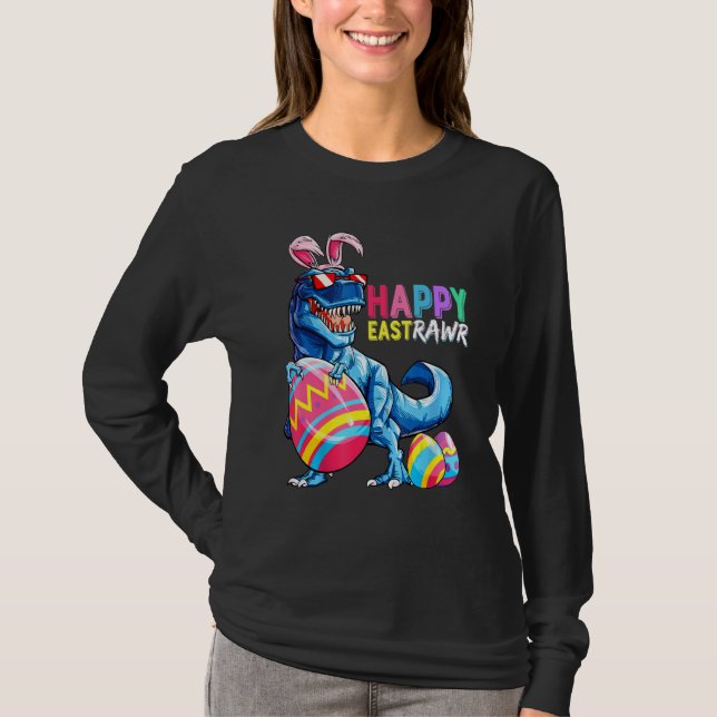 Lycklig Eastrawr Rex Dinosaur Påskhare Egg Costu T Shirt (Framsida)