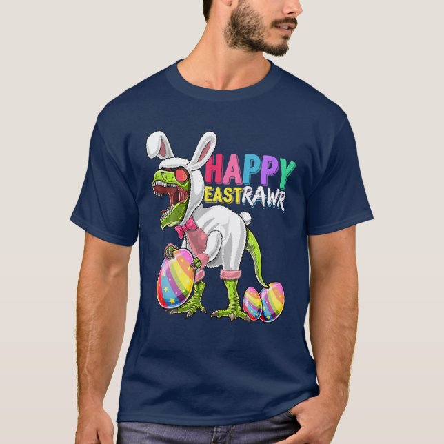 Lycklig Eastrawr T Rex Dinosaur Påskhare Egg Cos Shirt (Framsida)