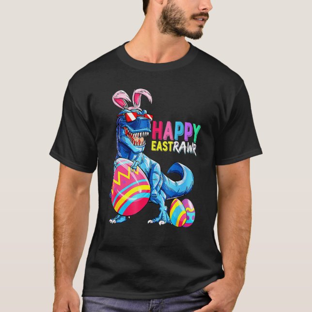 Lycklig Eastrawr T Rex Dinosaur Påskhare Egg Cos T Shirt (Framsida)