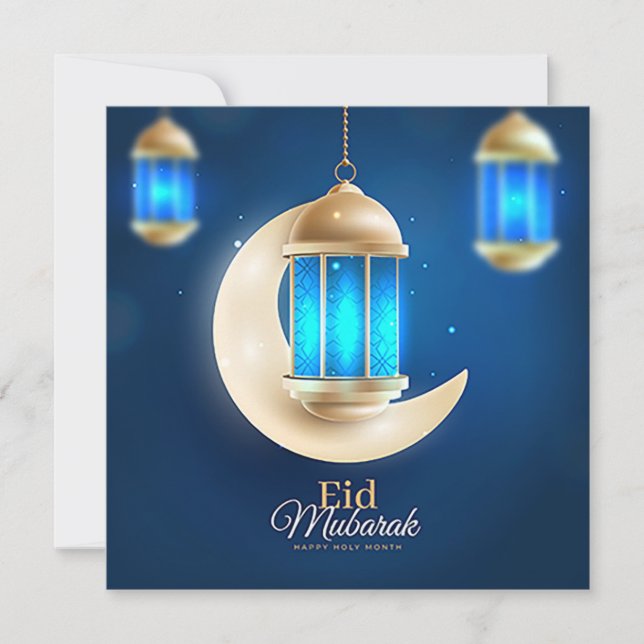 Lycklig Eid Guld Crescent Islamic Lantern Blue Julkort (Framsida)