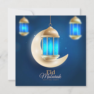 Lycklig Eid Guld Crescent Islamic Lantern Blue  Julkort