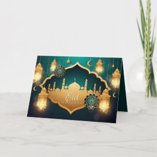 Lycklig Eid Guld Cresent Star Islamic Lantern Blom Helgkort