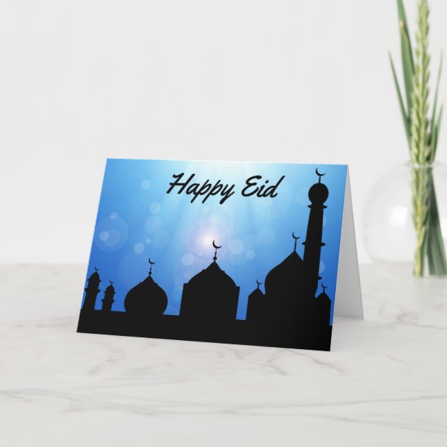 Lycklig Eid-moské med solstrålar - hälsningskort Helgkort (Framsida)
