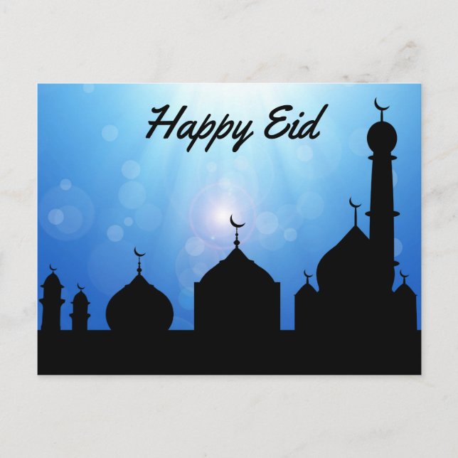 Lycklig Eid-moské med solstrålar - vykort (Framsida)