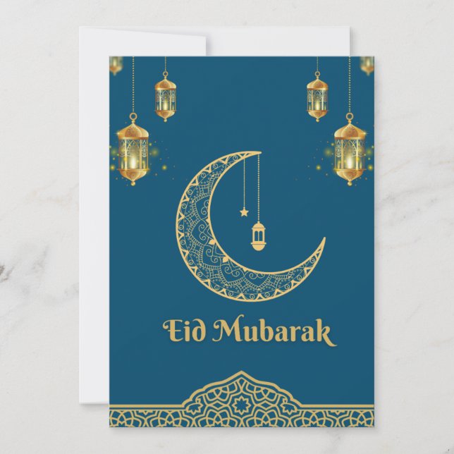 Lycklig Eid Mubarak Blue och Golden Crescent Julkort (Framsida)
