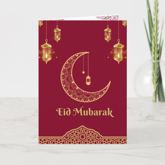 Lycklig Eid Mubarak Burgundy och Golden Crescent Helgkort (Framsida)