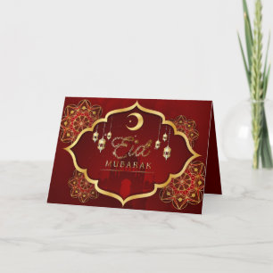Lycklig Eid Mubarak Cresent Star Guld Red Blommigt Helgkort