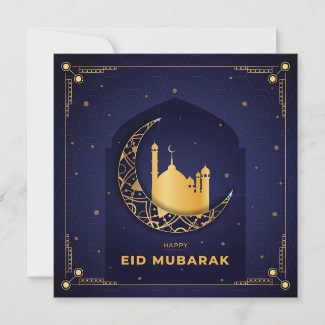 Lycklig Eid Mubarak Guld Crescent Star Mosque Blue Julkort (Framsida)