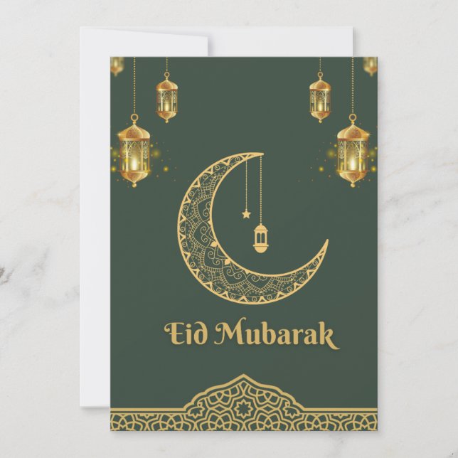 Lycklig Eid Mubarak Mörk grönt och Golden Crescent Julkort (Framsida)