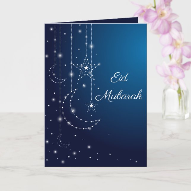 Lycklig Eid Mubarak Sparkling White Måne Stars Blu Kort (Orkide)