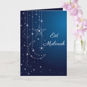 Lycklig Eid Mubarak Sparkling White Måne Stars Blu Kort