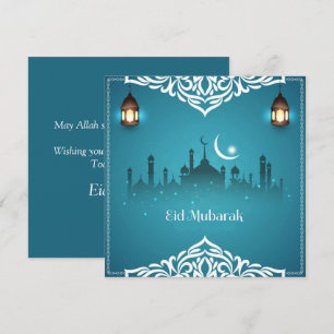 Lycklig Eid Mubarak White Cresent Star Mosque Blue Julkort