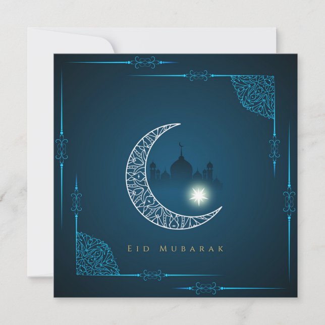 Lycklig Eid White Crescent Star Mosque Blue Julkort (Framsida)