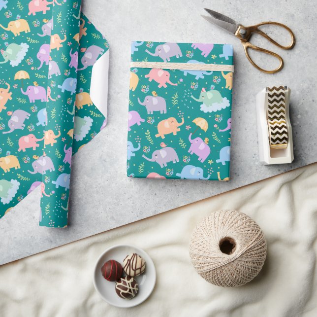 Lycklig Elephant Garden Party w Umbrellas Flowers Presentpapper (Hantverk)