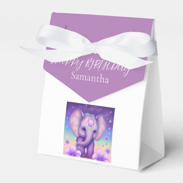 Lycklig Elephant Lila blommor Birthday Favor Box Presentaskar (Framsidan Sidan)