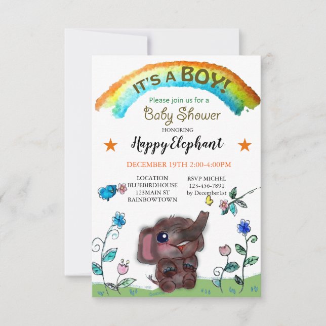 Lycklig Elephant Rainbow Town Baby Shower Inbjudningar (Framsida)