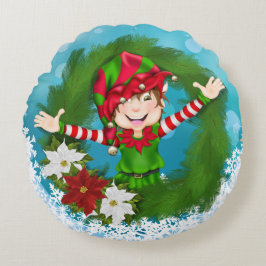 Lycklig Elf Festive Blue Helgdag Rund Kudde