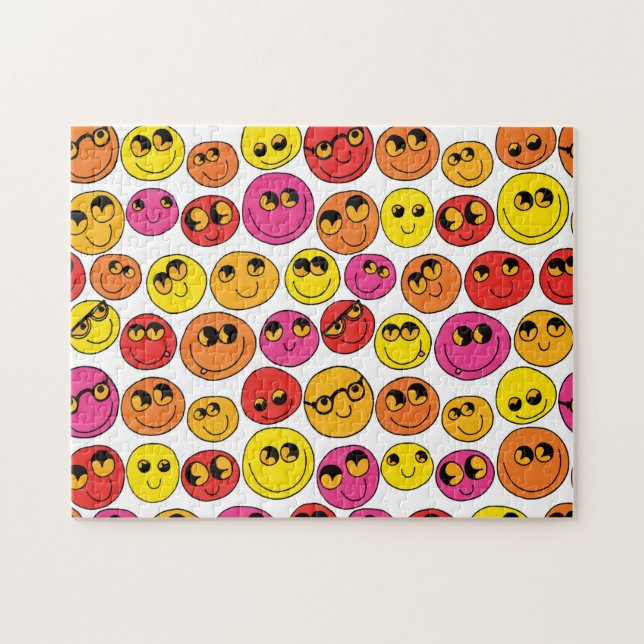 Lycklig Emoji Ansikte Funny Gult Rosa Red Orange Pussel (Horisontell)
