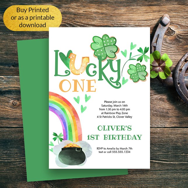 Lycklig En Regnbåge Shamrock Hästsko Födelsedag Inbjudningar (Lucky One First Birthday Irish Themed Invitation)