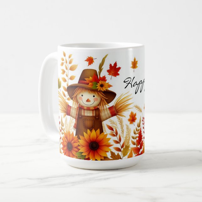 Lycklig Fall Cute Fågelskrämma och höstlök Kaffemugg (Framsida vänster)
