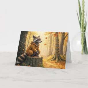 Lycklig Fall Raccoon på en Träd-stump Kort
