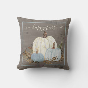 Lycklig Fall Script Blue White Pumpkin Rustic Löv Kudde