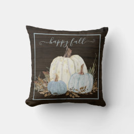 Lycklig Fall Script Blue White Pumpkins Rustic Woo Kudde