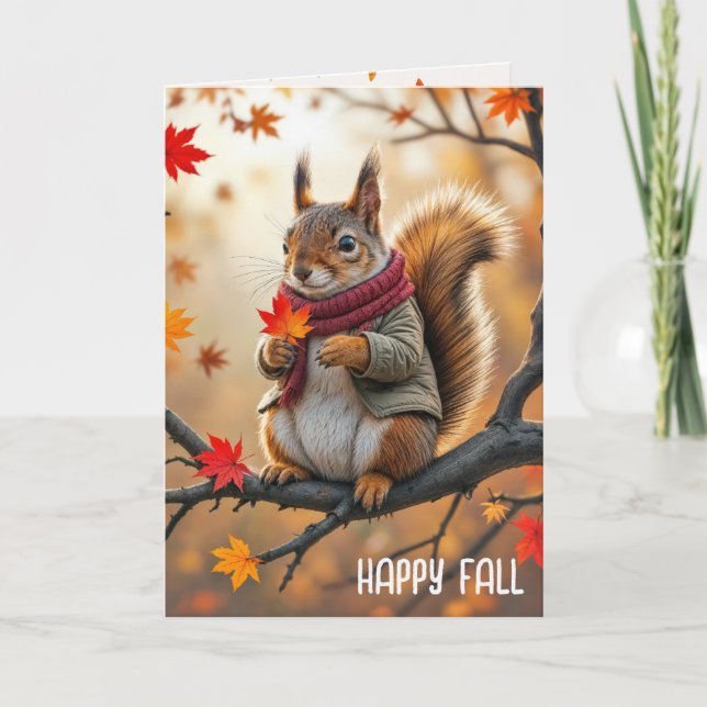 Lycklig Fall Squirrel Holding a Maple Löv Kort (Framsida)