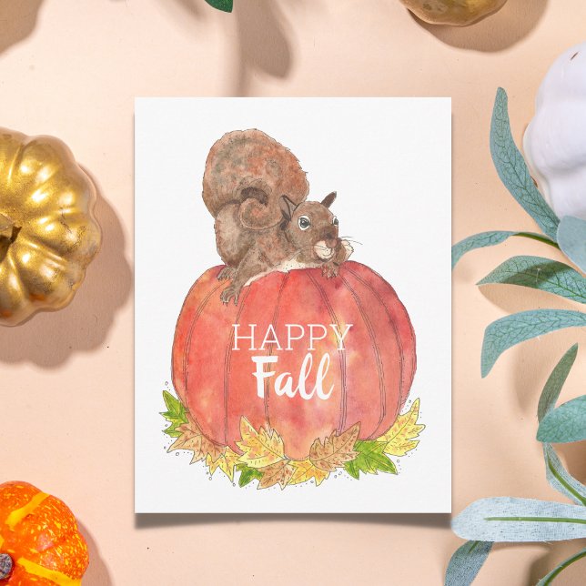 Lycklig Fall Squirrel på Pumpkin Postcard Vykort (Happy Fall Watercolor Postcard)