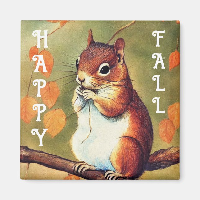 Lycklig Fall Squirrel Square Magnet (Framsidan)