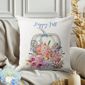 Lycklig Fall White Pumpkin Watercolor Rosa Flora Kudde