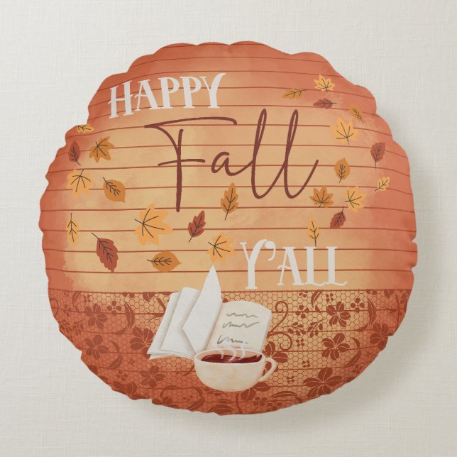 Lycklig Fall Y med kaffe och Höst löv Rund Kudde (Framsidan)