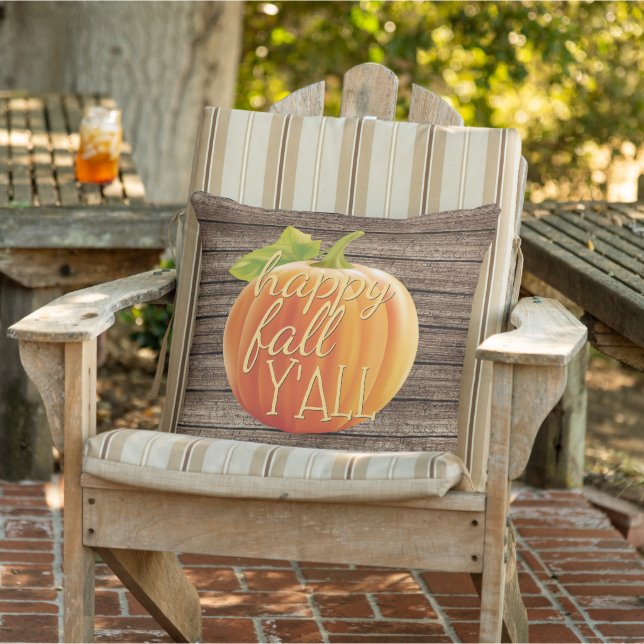 Lycklig Fall Y Orange Pumpkin på Planks Mönster Kudde (Stol)