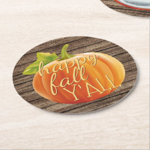 Lycklig Fall Y Orange Pumpkin på Planks Mönster Underlägg Papper Rund