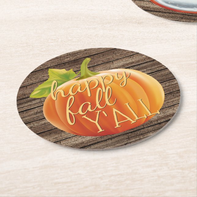 Lycklig Fall Y Orange Pumpkin på Planks Mönster  Underlägg Papper Rund (Vinklad)