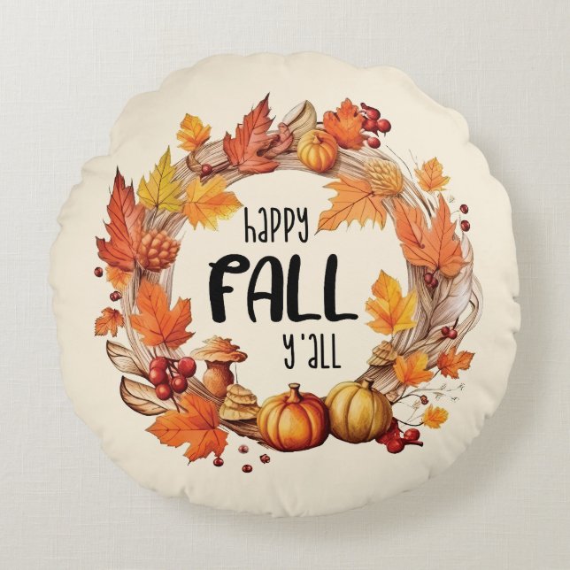Lycklig Fall Y - Pumpkin & Höst löv Wandeans Rund Kudde (Framsidan)