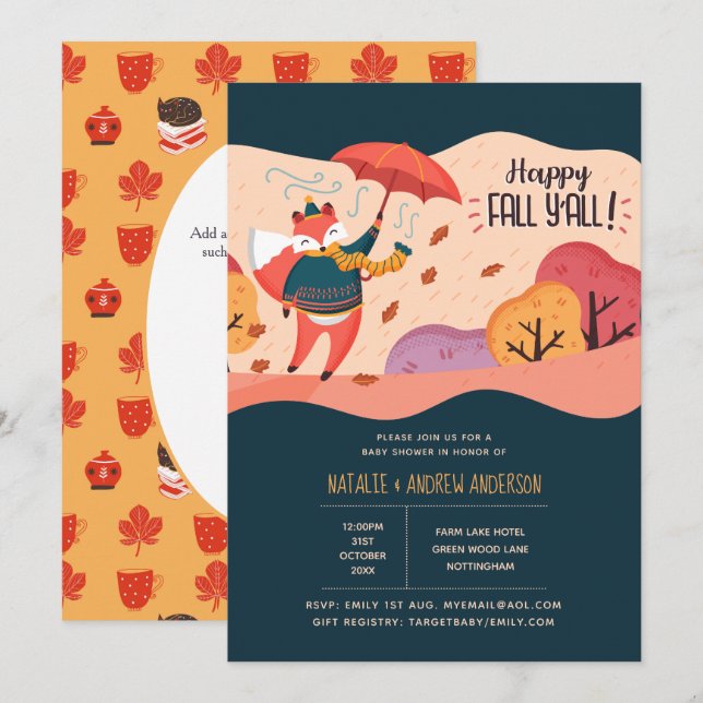 Lycklig Fall Ya Mysiga Fox Folk Art Baby Shower Inbjudningar (Fram/baksida)