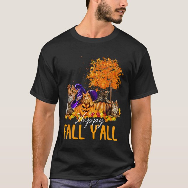 Lycklig Fall Y'all Cats Älskare Autumn Pumpkin Map T Shirt (Framsida)