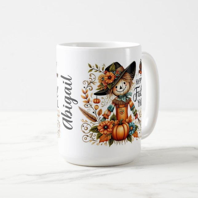 Lycklig Fall Yall Cute Fågelskrämma och höstblomma Kaffemugg (Framsida höger)