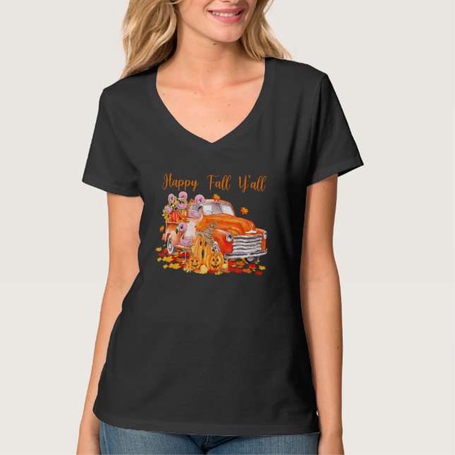 Lycklig Fall Y'all Flamingo Lastbil Pumpkin Autumn T Shirt (Framsida)