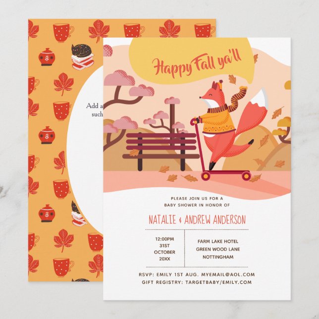 Lycklig Fall Ya'll Fox Hygge Folk Art Baby Shower Inbjudningar (Fram/baksida)