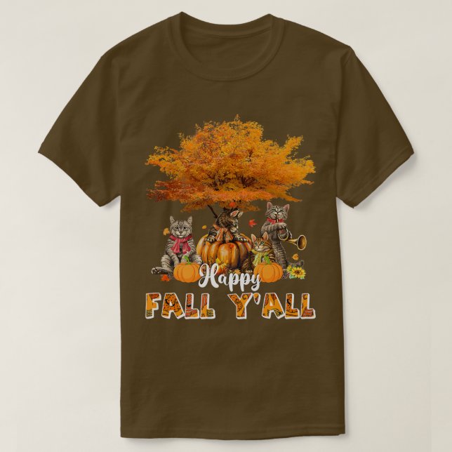 Lycklig Fall Y'all Funny Cats Autumn Älskare Pumpk T Shirt (Design framsida)