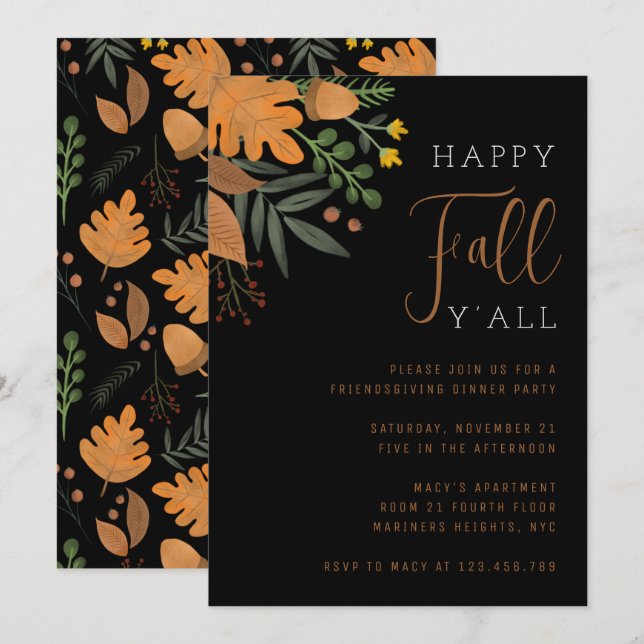 Lycklig Fall Y'all Höst löv Thanksgiving Dinner Inbjudningar (Fram/baksida)