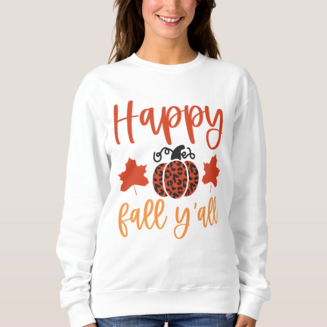 Lycklig Fall Y'all Leopard Pumpkin med Löv T Shirt (Framsida)