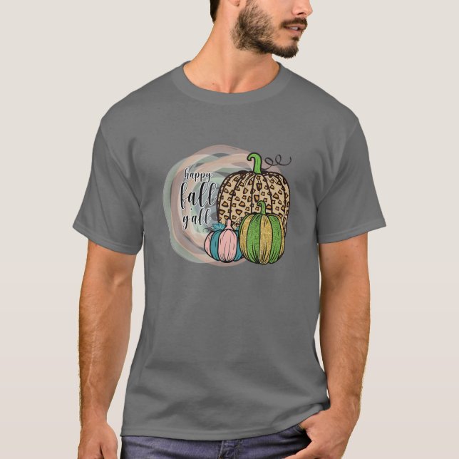 Lycklig Fall Yall Leopard Skriv ut Pumpkin Hallowe T Shirt (Framsida)