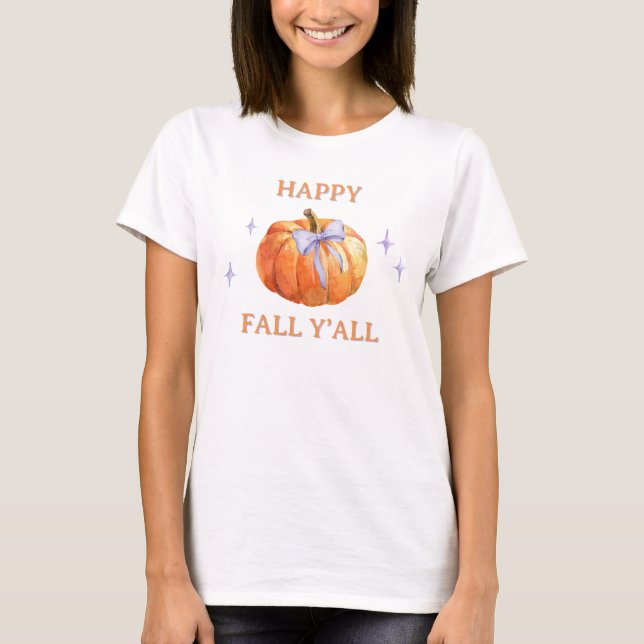 Lycklig Fall Y'all Pumpkin Bow Women's Cute T Shirt (Framsida)