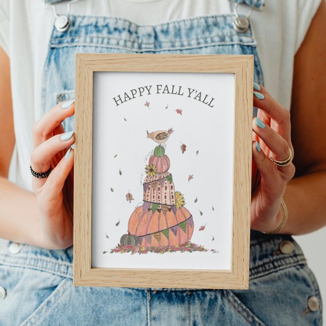 Lycklig Fall Y'all Pumpkins and Chicken Säsong Poster (Cute Fall Pumpkin Stack Art Printable)