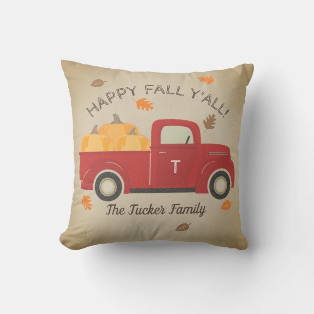Lycklig FALL Y'all Red Lastbil Pumpkins Monogram Kudde (Framsida)