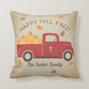 Lycklig FALL Y'all Red Lastbil Pumpkins Monogram Kudde